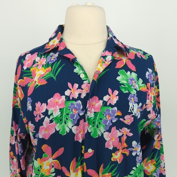 00966 Lauren Ralph Lauren Black Label Floral Shirt Navy Blue Pink size XL boho - Picture 3 of 7